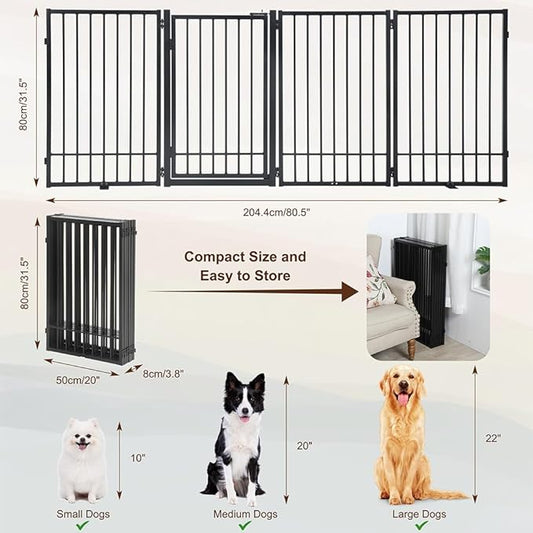 Metal Freestanding Dog Gate with Door, Extra Wide 81", 31" Height Foldable Dog Gates for Doorways, Tall Pet Fence Indoor Outdoor Pet Gates, 4 Panels Pet Barrier for Stairs Hallways, Black