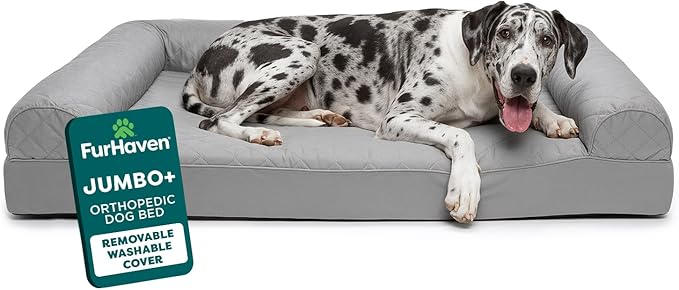 FurHaven Classic Sofa Orthopedic Dog Bed for Large Dogs with Orthopedic Solid Slab Memory Foam for Joint Support, Removable Washable Cover, Jumbo Plus/XXL, Quilted Sofa, Silver Gray