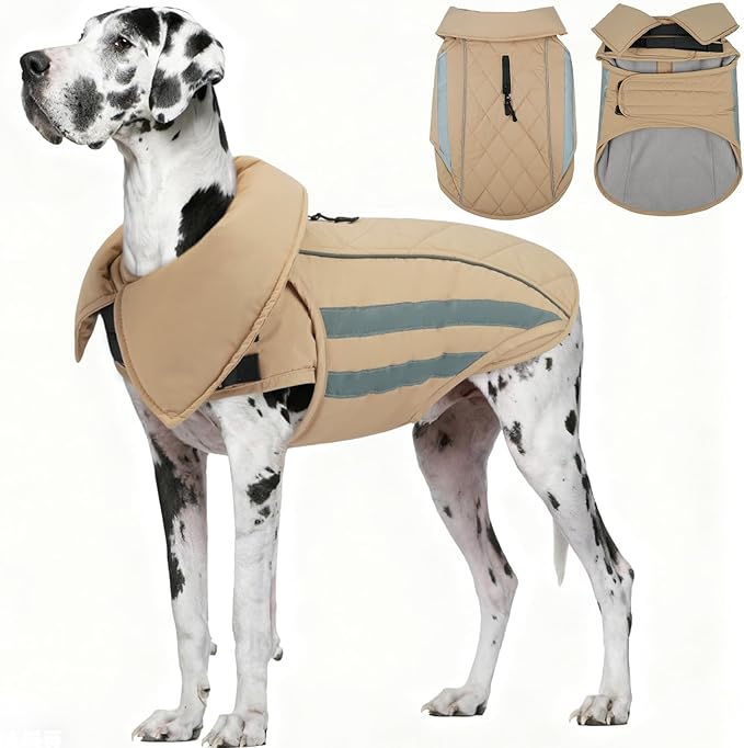 IECOii 5XL Warm Dog Jacket - Waterproof Great Dane Coats Windproof Outdoor Hunting Vests Reflective & Adjustable Cozy Jacket Vest with Fleece Lined for Giant Pets, Khaki, Sizes XXXXXL