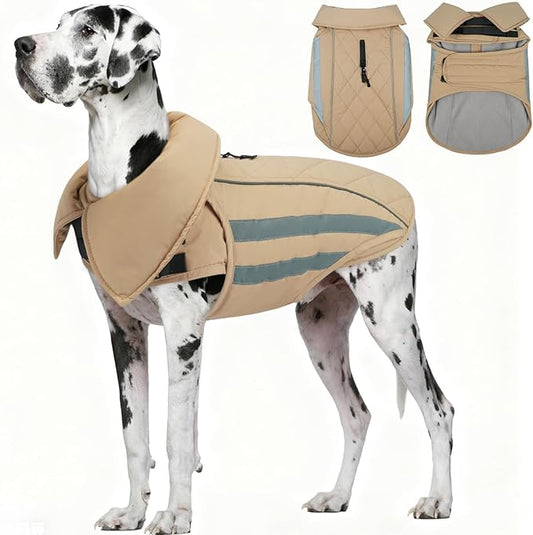 IECOii 4XL Dog Jacket Waterproof Winter Snowsuits Warm Cold Weather Coats with Fleece Lining, Reflective & Adjustable Outdoor Giant Pets Snow Vest Coat, Mashine Washable, Khaki, Sizes XXXXL