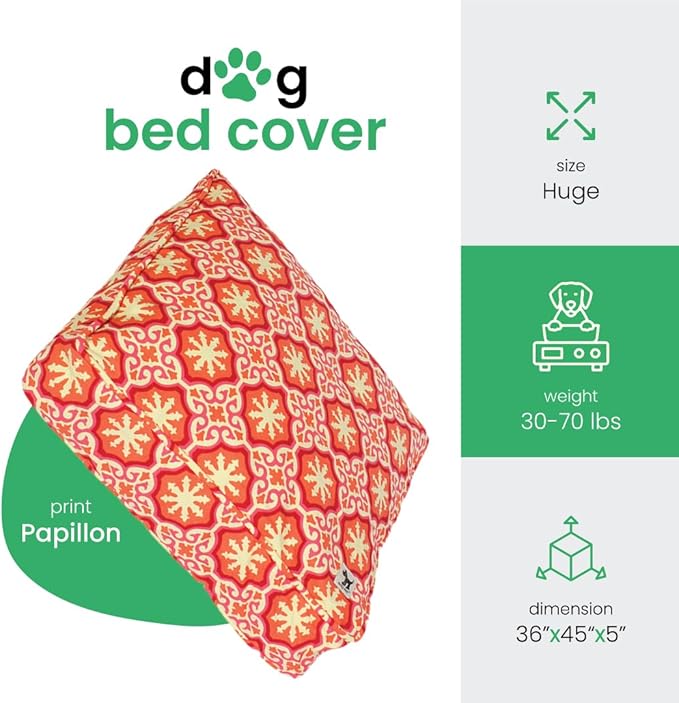 Molly Mutt Huge Dog Bed Cover - Papillon Print - Measures 36”x45”x5’’ - 100% Cotton - Durable - Breathable - Sustainable - Machine Washable Dog Bed Cover