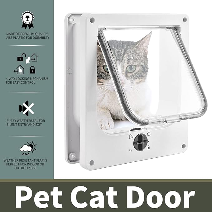 EASY JOY Cat Doors(Outer Size 10.6" x 9.2"), 4-Way Locking Cat Door for Interior Exterior Doors, Weatherproof pet Door with Magnet for Cat or Dog < 21.5 inches in Girth(White L)