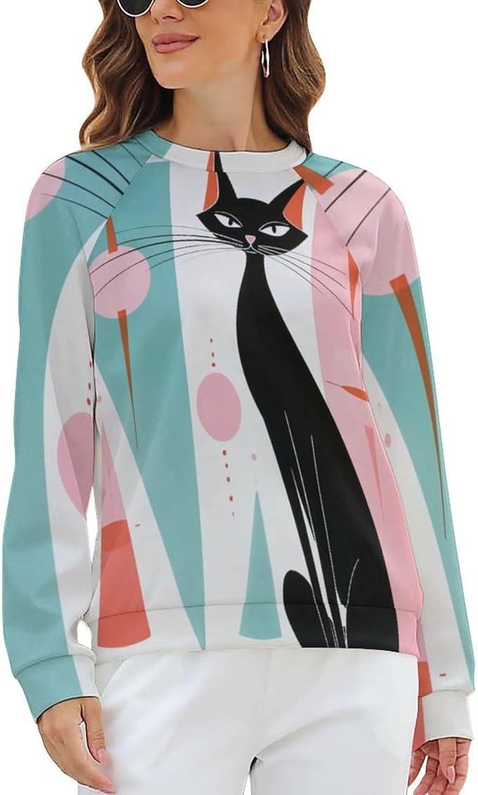 Biacolum Long Sleeve Shirts for Women Mid Century Retro Style Atomic Cat 3D Graphic Sweatshirts Fall Crewneck Pullover Top