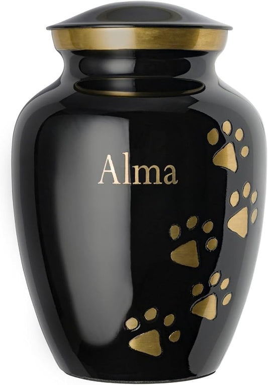 Pet Urn for Dogs and Cats with Personalized Laser Engraving, Ottillie Paws Premier Series Memorial Urns (Large Ebony with Vertical Brass Paws)