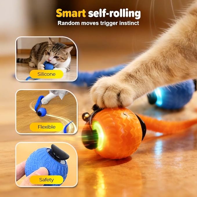 Cat Toys for Indoor Cats, 2025 New Interactive Cat Toy Ball, Automatic Moving Cat Toy for Indoor Use, Rechargeable Feather Tail Cat Toy with Stimulation for Small Medium Large Cats (2 * Blue)
