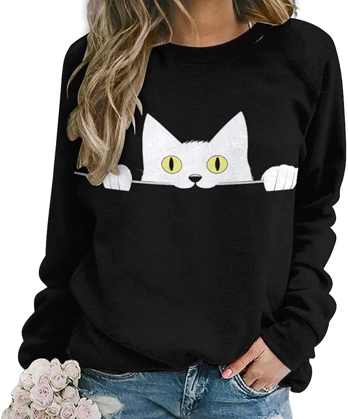 Womens Ugly Christmas Sweatshirt Funny Cat Dog Printed Xmas Pullover Shirts Crewneck Long Sleeve Graphic Hoodies