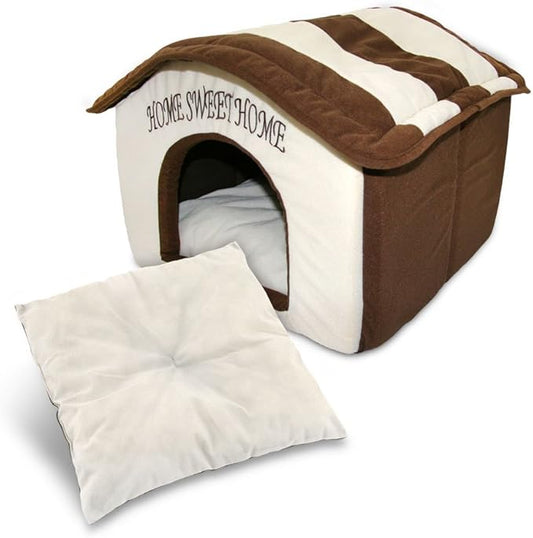 Best Pet Supplies Dog House Bed Crate Mat Tent Indoor Round Soft Plush for Small, Medium, and Large Breeds - Beige w/Brown Stripes, 16 x 16 x 14"