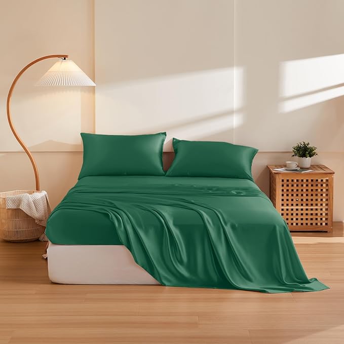 THXSILK Silk Sheet Set 4Pcs, 6A+ Top Grade 100% Pure Mulberry Silk Bed Sheets Ultra Soft Durable Luxury Bedding Sets, 1 Fitted Sheet, 1 Flat Sheet and 2 Pillowcases (Twin, Emerald Green)