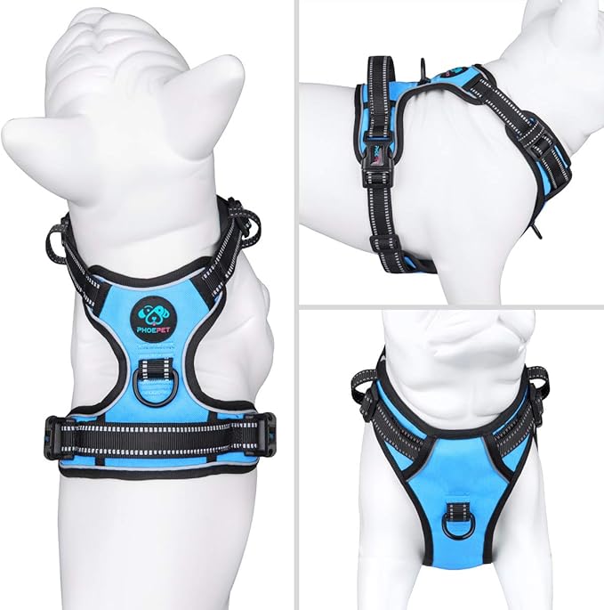 PHOEPET No Pull Dog Harnesses for Small Puppies Reflective Adjustable Front Clip Vest with 2 Metal Leash Attachment Hooks Soft Handle(XS, Blue)