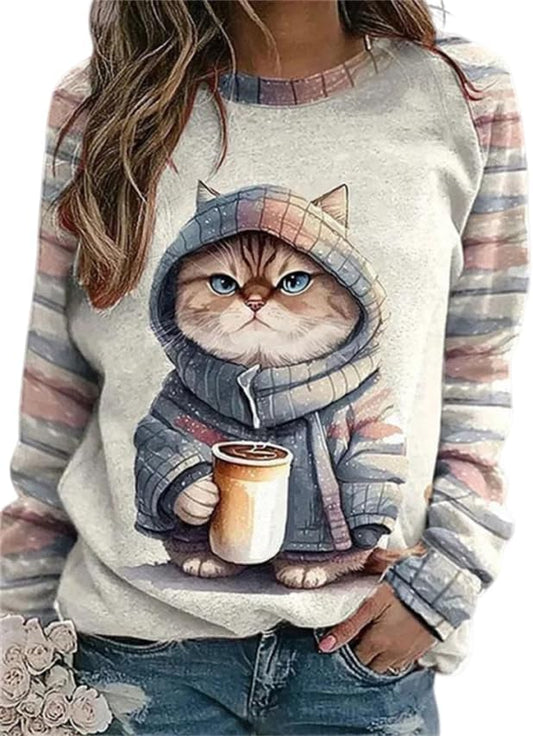 IVERIRMIN Women's 3D Cute Cat Print Sweatshirt Casual Long Sleeve Crewneck Cute Cat Pullover Loose Fit Shirts