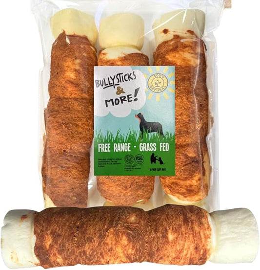 BULLYSTICKS & MORE 10-12" Beef Cheek Rolls for Dogs (Chicken Wrapped - 3 Count) - Beef Cheek Bones for Dogs - Dog Parents Choice - Premium No Hide Rolls
