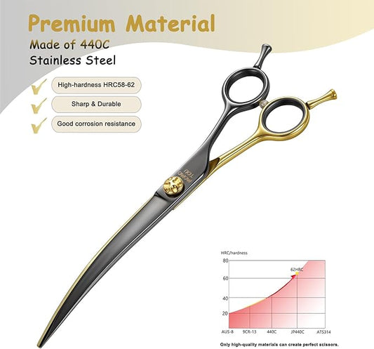 7.5'' Professional Curved Dog Grooming Scissors with Decorative Screw Sharp and Durable Black and Golden 440C Stainless Steel Dog Shears Easy Use for Groomers and Home User