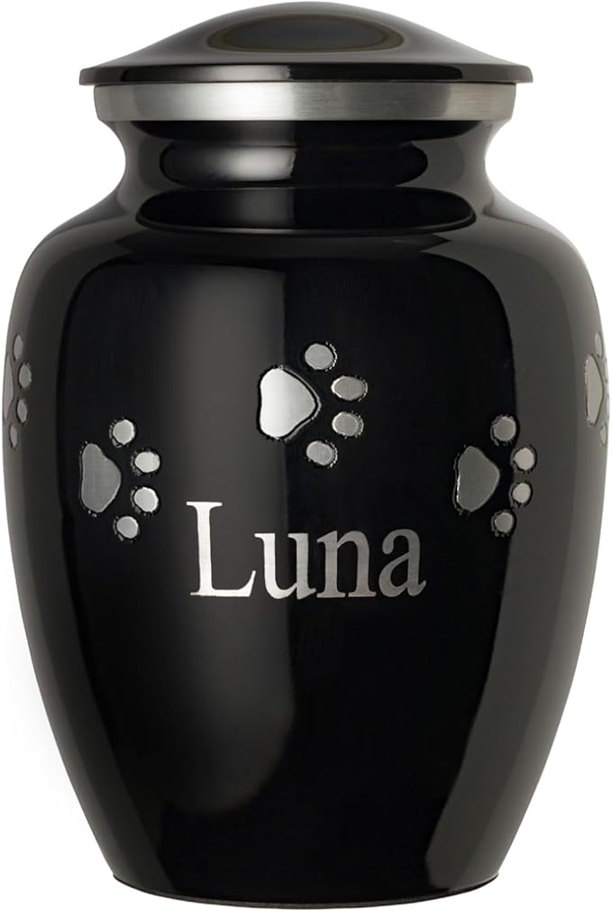 Pet Urn for Dogs and Cats with Personalized Laser Engraving, Ottillie Paws Premier Series Memorial Urns (Small Ebony with Horizontal Pewter Paws)