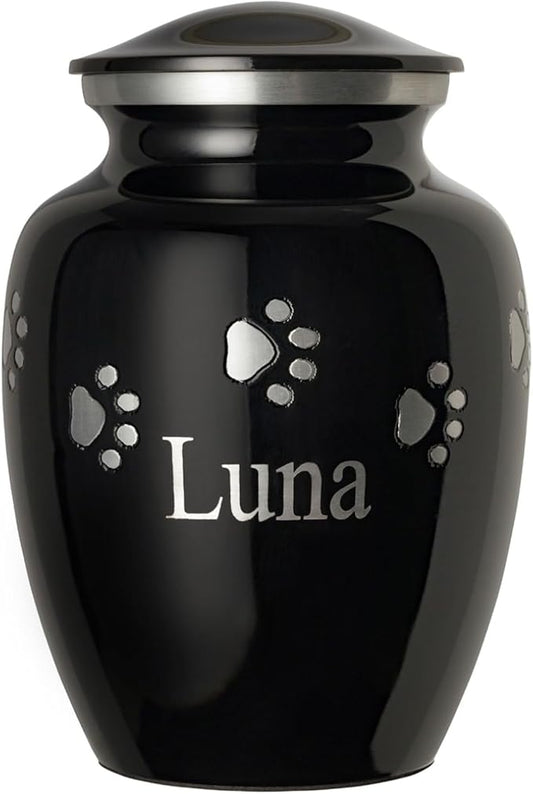 Pet Urn for Dogs and Cats with Personalized Laser Engraving, Ottillie Paws Premier Series Memorial Urns (Small Ebony with Horizontal Pewter Paws)
