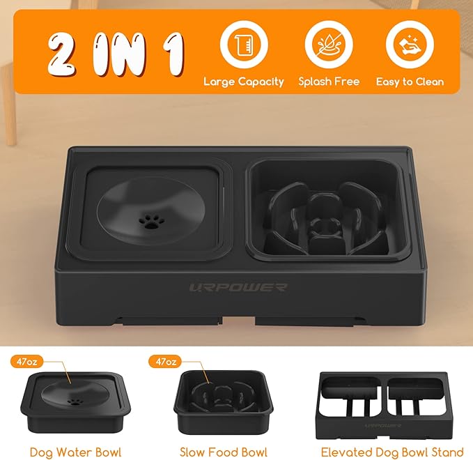 URPOWER 2-in-1 Elevated Slow Feeder Dog Bowls with No-Spill Water Bowl, 4 Height-Adjustable Raised Dog Bowls, Non-Slip Food and Water Bowls with Stand for Small, Medium, Large Dogs, Cats and Pets