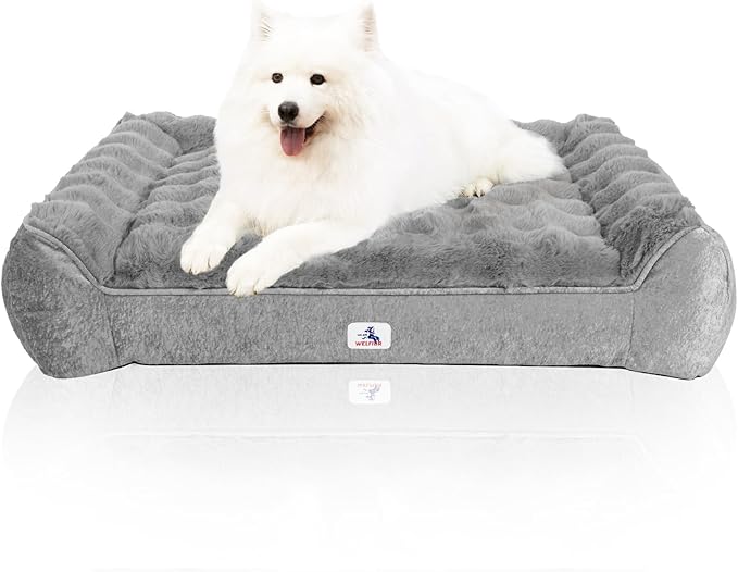 Orthopedic Dog Bed for Large Dogs - 48" Faux Fur Pet Couch with Removable Washable Cover, Nonskid Bottom, Supportive Foam, Comfortable Dog Sofa Bed for Medium Large Dogs, Gray