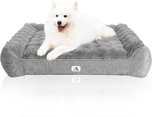 Orthopedic Dog Bed for Large Dogs - 48" Faux Fur Pet Couch with Removable Washable Cover, Nonskid Bottom, Supportive Foam, Comfortable Dog Sofa Bed for Medium Large Dogs, Gray