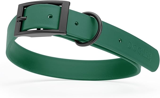 Dogline Biothane Coated Webbing Dog Collar with Black Metal Hardware: Durable Easy-Clean Everyday Collar for Dogs - Comfortable Adjustable Odor-Resistant Pet Collar, W1 x L22-25", Hunter Green
