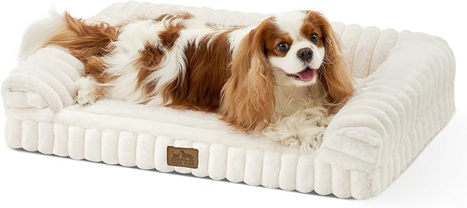 Cute Dog Bed for Small Dogs, Faux Fur Orthopedic Foam Dog Bed with Sides, Removable Washable Cover & Waterproof Lining, Comfortable Pet Couch, Cream (30" L x 20" W x 6" Th)