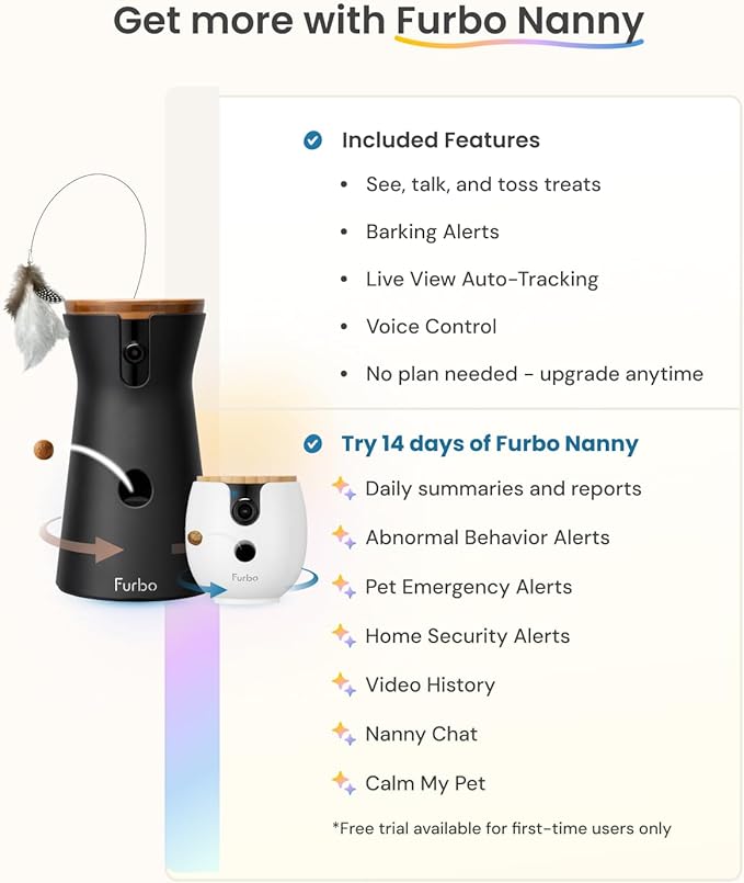 Furbo 360° Cat Camera + Mini 360° Cam (2-Camera Bundle Nanny Subscription): Cat Safety Alerts, Pet Camera with Speaker, Phone App & Night Vision (New Subscription Needed at Setup)