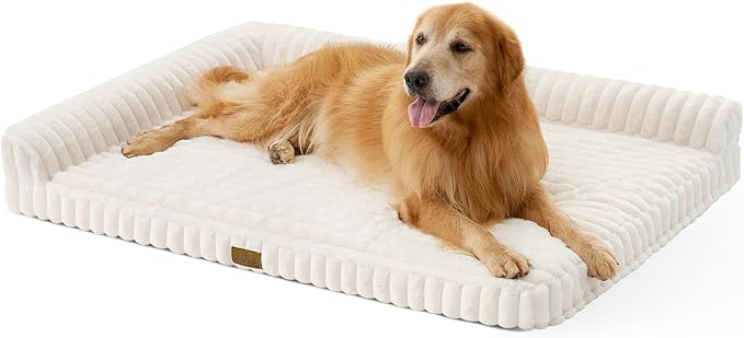 Cute Dog Bed, Faux Fur Orthopedic Foam Dog Bed with Sides, Removable Washable Cover & Waterproof Lining, Comfortable Pet Couch for Extra Large Dogs, Cream (48" L x 35" W x 7.5" Th)