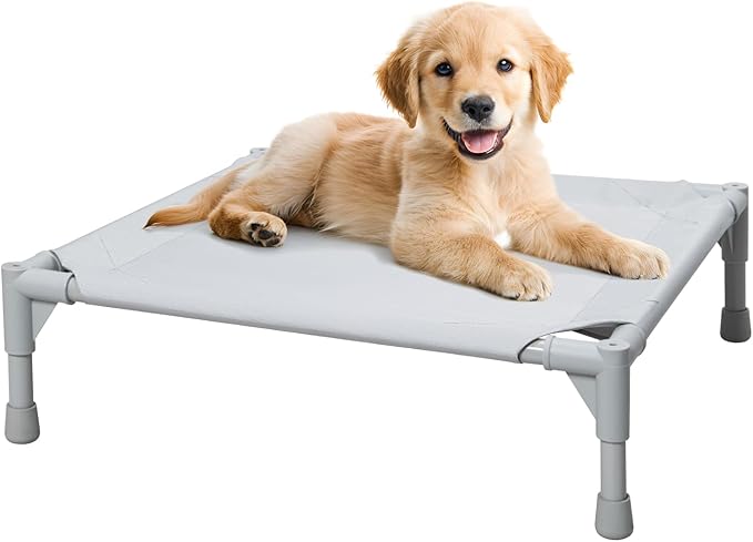 Love&go Elevated Dog Bed with Metal Frame, Cooling Raised Pet Cot for Dog and Cat (Small-18.5x18.5x5.5 inch, S - Grey Bed)