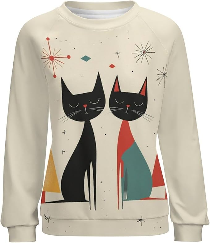 Biacolum Long Sleeve Shirts for Women Mid Century Retro Style Atomic Cat 3D Graphic Sweatshirts Fall Crewneck Pullover Top