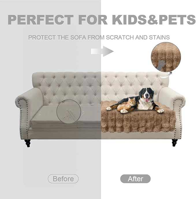 Dogs/Cats Bed Mats, Dog Pad Washable Removable Couch Cover with Anti-Slip Back, Plush Long Fur Mat, Perfect for Small, Medium and Large Dogs.(Light Brown-Bubble, 30"x80")