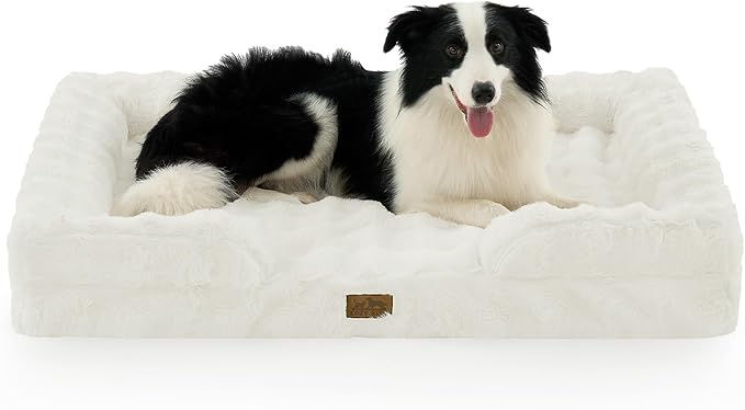 Orthopedic Dog Bed for Large Size Dog, Faux Fur Extra Large Pet Sofa, Foam Bolster Couch with Waterproof Lining Cover, Anti-Slip, Soft, Warm, Washable, C-Shaped, XL 44x32x7 inch, Beige