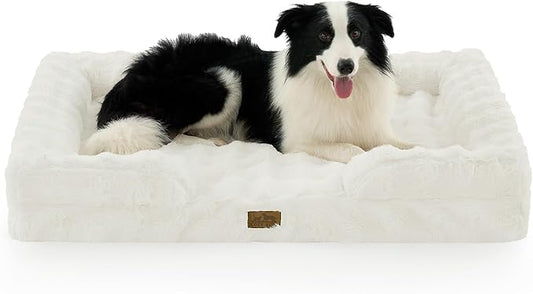 Orthopedic Dog Bed for Large Size Dog, Faux Fur Extra Large Pet Sofa, Foam Bolster Couch with Waterproof Lining Cover, Anti-Slip, Soft, Warm, Washable, C-Shaped, XL 44x32x7 inch, Beige