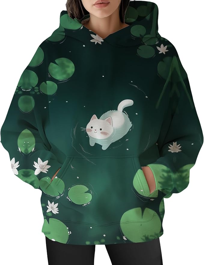 Womens Funny Cat Hoodies Oversized Graphic Hooded Sweatshirt for Women Fall Plus Size Pullover Hoodie Y2K