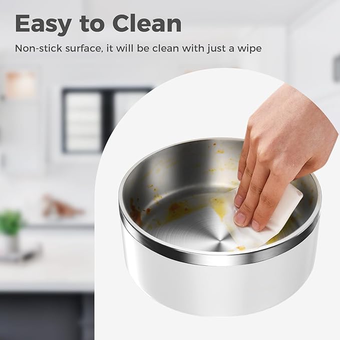 Dog Bowl, Stainless Steel Dog Food and Water Bowl with Non Slip Quiet Bottom, Easy to Clean, Dishwasher Safe, 64oz, White