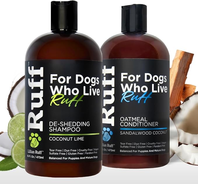 Ruff by Lillian Ruff De-Shedding Shampoo & Oatmeal Conditioner | Coconut Lime & Sandalwood Coconut | Vitamin E, Omega-3, Aloe & Coconut Oil | Moisturizing, Soothing, Deodorizing | Made in USA