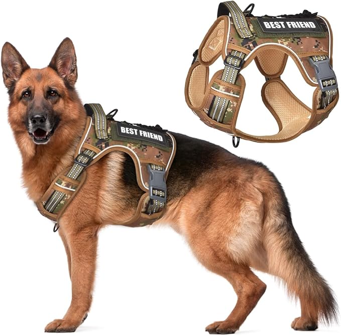 Tactical Dog Harness No-Pull Military Vest for Medium & Large Dogs, Adjustable Reflective Escape-Proof Vest with MOLLE System, Handle Control for Training, Walking, Outdoor – Camo