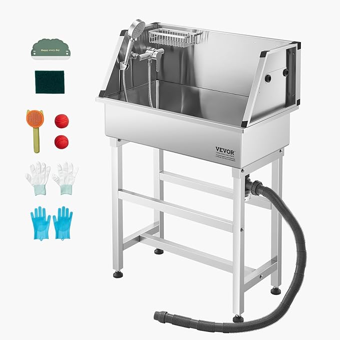 VEVOR 34 Inch Stainless Steel Dog Washing Station, Pet Grooming Tub with Hot & Cold Faucet, Showerhead, Storage Rack, No-Bend All-in-One Bathtub, Home Wash Sink, Fits Small Cats and Dogs