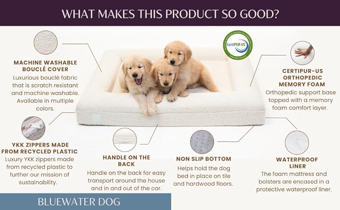 Luxury Boucle Orthopedic Memory Foam Dog Bed with Waterproof Liner and Machine Washable Cover with YKK Zippers (X-Large, 61" L x 44" W x 7" Th, Ocean Blue)