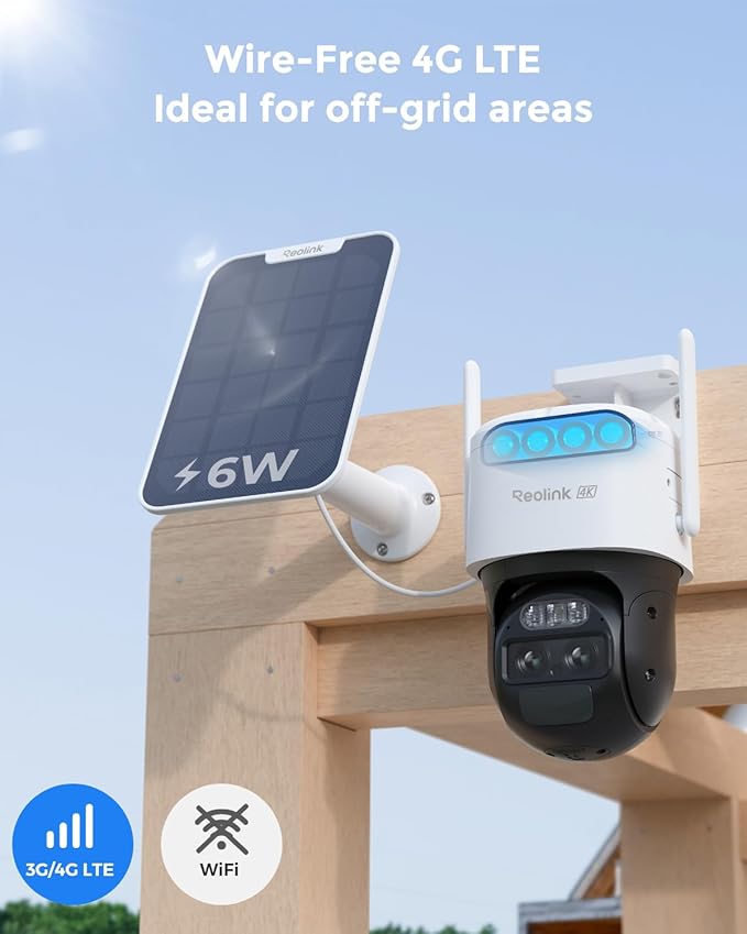 REOLINK 4K Dual Lens 4G LTE Cellular Security Camera Outdoor, PTZ with Auto Tracking, No WiFi Solar Powered, 6X Hybrid Zoom, 8MP Color Night Vision, SIM Card Included,Motion Alert, TrackMix LTE+SP