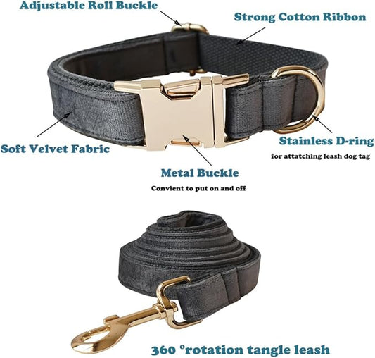 Love Dream Velvet Dog Collar and Leash Set, Soft & Comfy Adjustable Dog Leash and Collar with Heavy Duty Metal Buckle for Small Medium Large Dogs Training & Walking (Large, Dark Grey)
