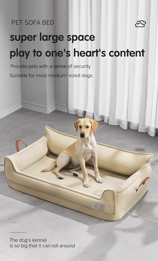 Waterproof Leather Memory Foam Dog Sofa Bed, Removable Orthopedic Dog Beds for Large Dogs, Durable Dogs Bed Couch with Non Skid Bottom for Different Pet Sizes (Beige, Large)