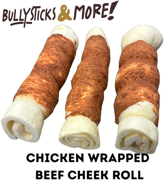 BULLYSTICKS & MORE 10-12" Beef Cheek Rolls for Dogs (Chicken Wrapped - 3 Count) - Beef Cheek Bones for Dogs - Dog Parents Choice - Premium No Hide Rolls