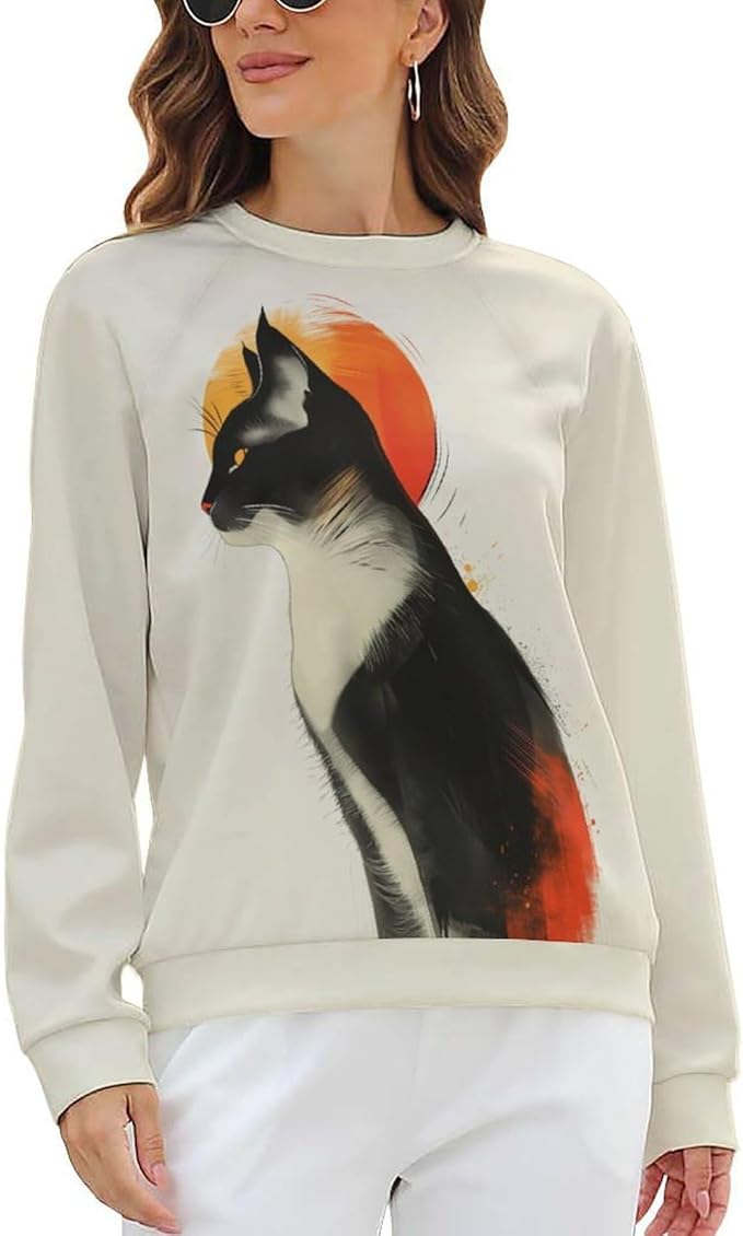 Biacolum Long Sleeve Shirts for Women Mid Century Retro Style Atomic Cat 3D Graphic Sweatshirts Fall Crewneck Pullover Top