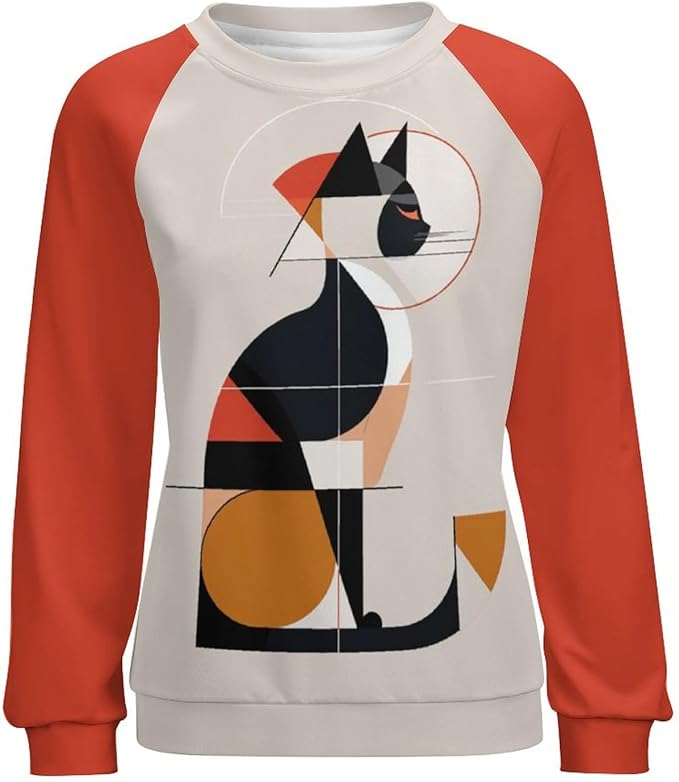 Biacolum Long Sleeve Shirts for Women Mid Century Retro Style Atomic Cat 3D Graphic Sweatshirts Fall Crewneck Pullover Top
