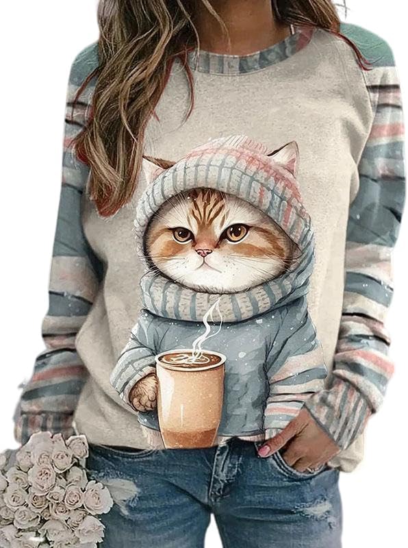 IVERIRMIN Womens 3D Cat Crewneck Sweatshirts Casual Cute Long Sleeve Shirts Pullover Tops Graphic Loose Fit Sweater for Women