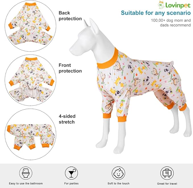 LovinPet Boxer Pajamas - Pet Anxiety Relief Shirt, Dog Pajamas, UV Protection Comfy Stretchy Fabric, White Animal Print, Large Dog Pjs, Pitbull Clothes, Surgical Recovery Shirt, Orange XL