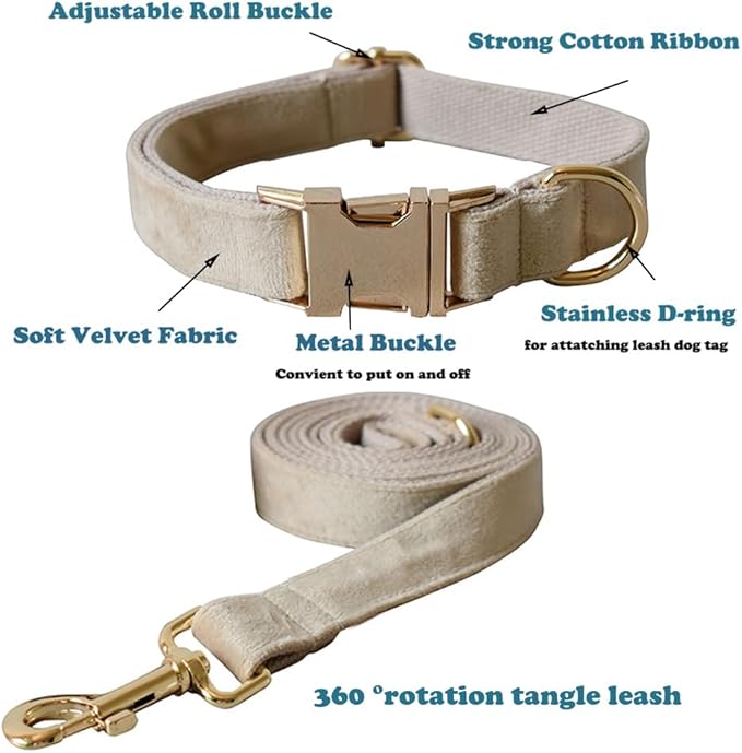 Love Dream Velvet Dog Collar and Leash Set, Soft & Comfy Adjustable Dog Leash and Collar with Heavy Duty Metal Buckle for Small Medium Large Dogs Training & Walking (Small, Skin Color)