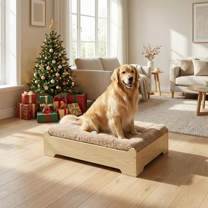 GLOSSGODS Elevated Dog Bed Frame and Mattress with Washable Cover, Naturalwood XL Up to 90 lbs