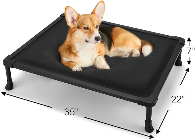 Veehoo Chew Proof Elevated Dog Bed, Durable Raised Pet Cot with Soft PP Cotton-Filled Waterproof Mat, Washable Padded Cot for Indoor, Outdoor & Camping, 35-Inch, Black