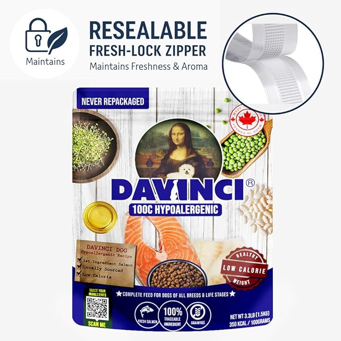 Davinci Dog Hypoallergenic Salmon 3.3lb – for Small Breeds, Novel Fish Protein, NO Chicken, Sensitive Stomach, Grain-Free, Dry Dog Food
