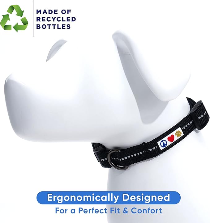 Pawtitas Recycled Dog Collar with Reflective Stitched Puppy Collar Made from Plastic Bottles Collected from Oceans Medium Black Sea