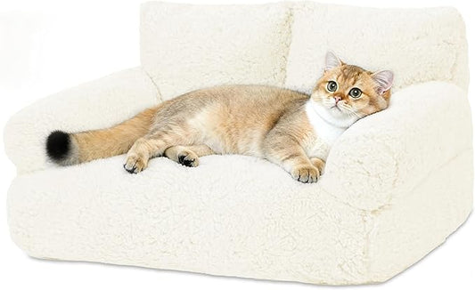 Cat Couch Bed - Cat Bed for Indoor Cats, Calming Pet Sofa Puppy Sleeping Bed with Removable Washable Cover, Cute Dog Couch and Kitty Lounge Chair for 18lbs Cats & Small Dogs(Beige)